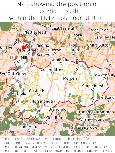 Map showing location of Peckham Bush within TN12