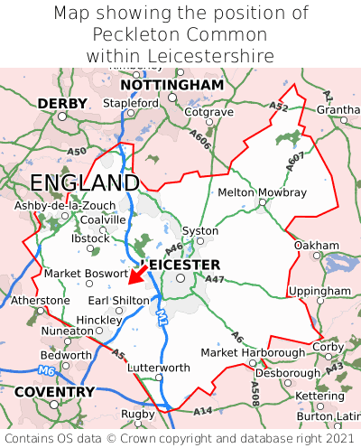 Map showing location of Peckleton Common within Leicestershire