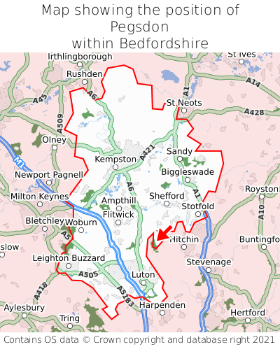 Map showing location of Pegsdon within Bedfordshire