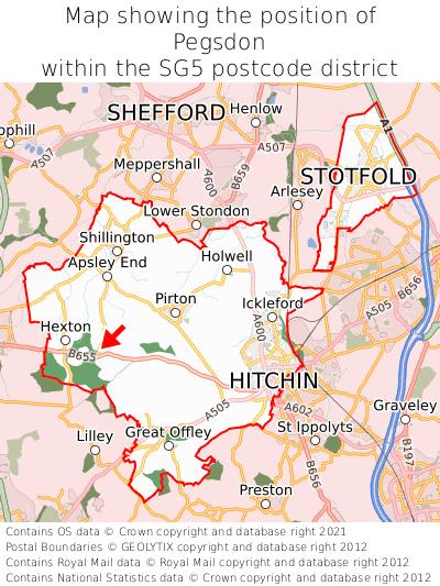 Map showing location of Pegsdon within SG5