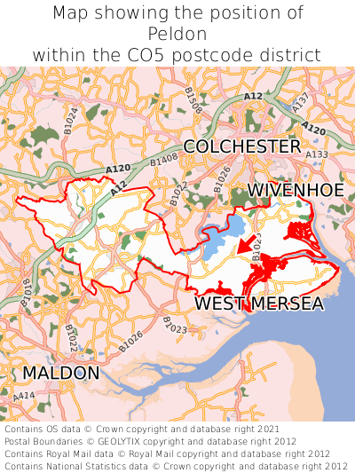 Map showing location of Peldon within CO5
