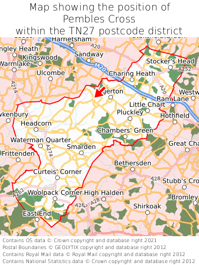 Map showing location of Pembles Cross within TN27