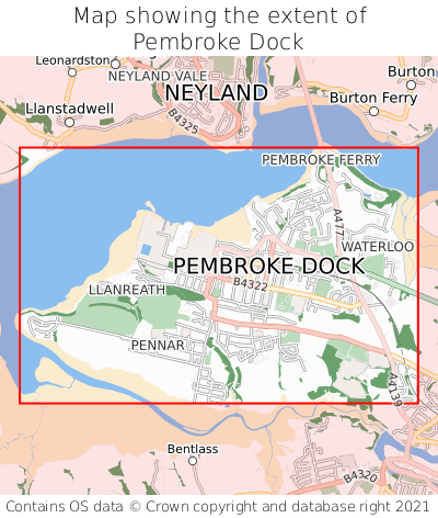 Map showing extent of Pembroke Dock as bounding box