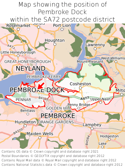 Map showing location of Pembroke Dock within SA72