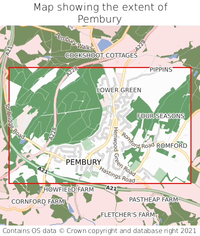 Map showing extent of Pembury as bounding box
