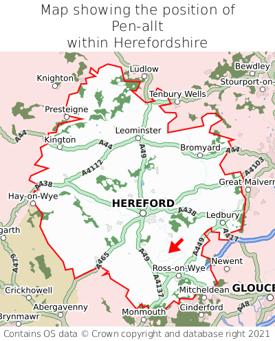 Map showing location of Pen-allt within Herefordshire