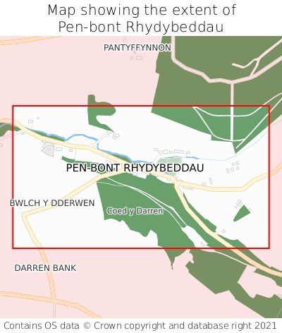 Map showing extent of Pen-bont Rhydybeddau as bounding box