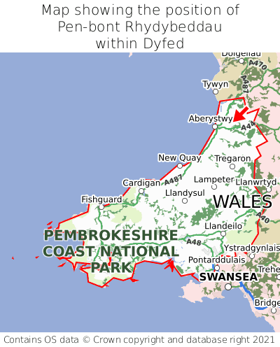 Map showing location of Pen-bont Rhydybeddau within Dyfed