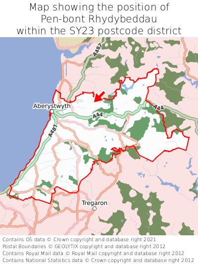 Map showing location of Pen-bont Rhydybeddau within SY23