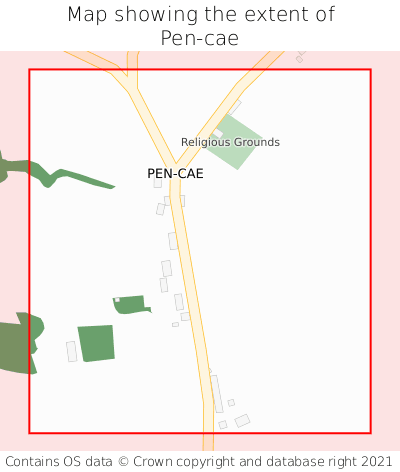 Map showing extent of Pen-cae as bounding box