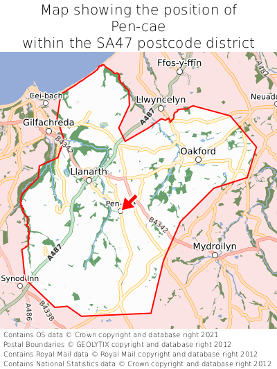 Map showing location of Pen-cae within SA47