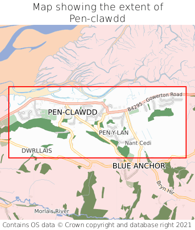 Map showing extent of Pen-clawdd as bounding box