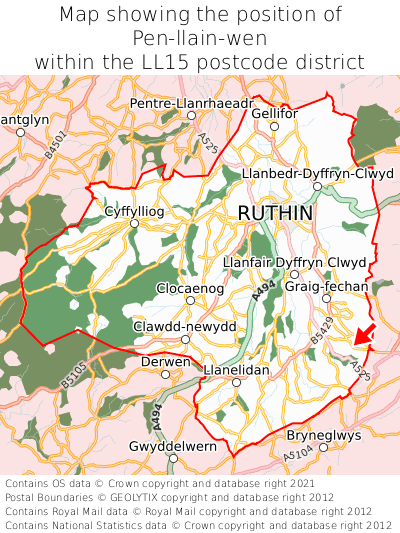 Map showing location of Pen-llain-wen within LL15