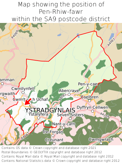 Map showing location of Pen-Rhiw-fawr within SA9