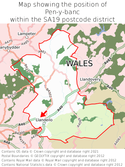 Map showing location of Pen-y-banc within SA19