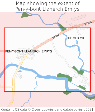 Map showing extent of Pen-y-bont Llanerch Emrys as bounding box