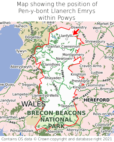 Map showing location of Pen-y-bont Llanerch Emrys within Powys
