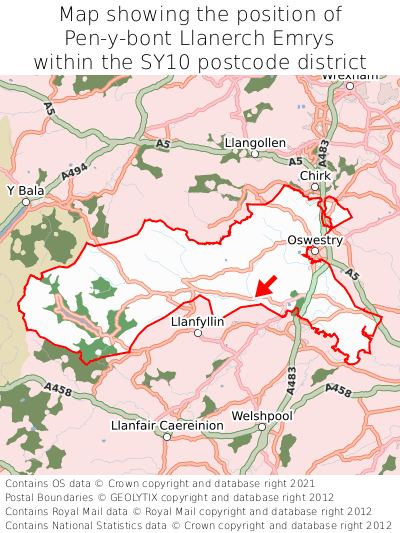 Map showing location of Pen-y-bont Llanerch Emrys within SY10