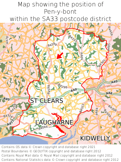 Map showing location of Pen-y-bont within SA33