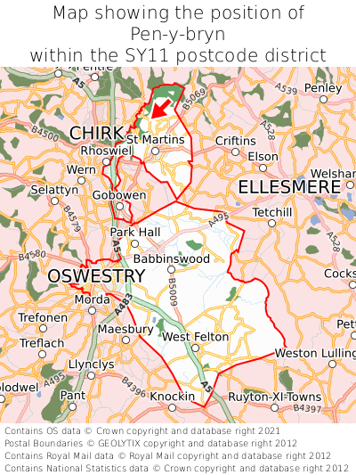 Map showing location of Pen-y-bryn within SY11