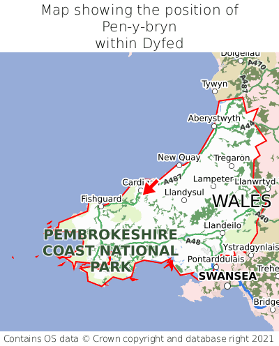 Map showing location of Pen-y-bryn within Dyfed