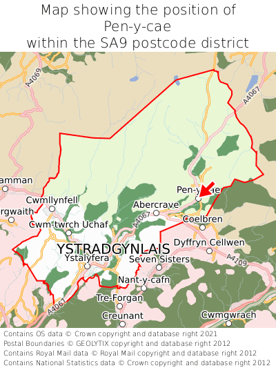 Map showing location of Pen-y-cae within SA9