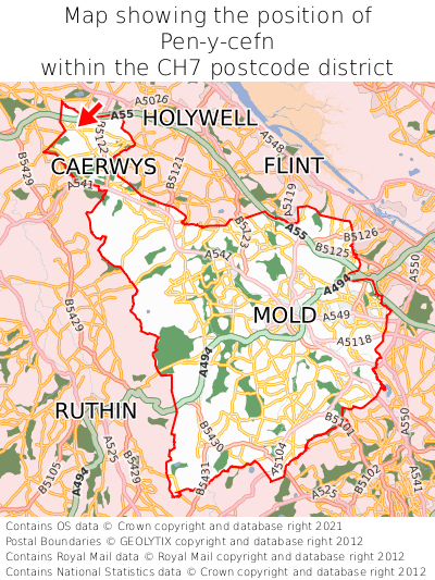 Map showing location of Pen-y-cefn within CH7