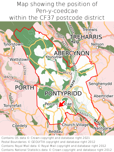 Map showing location of Pen-y-coedcae within CF37