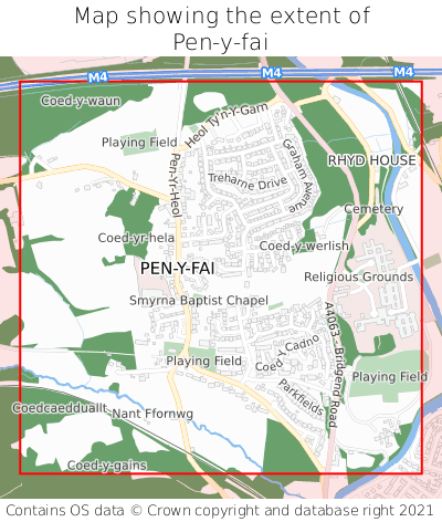 Map showing extent of Pen-y-fai as bounding box