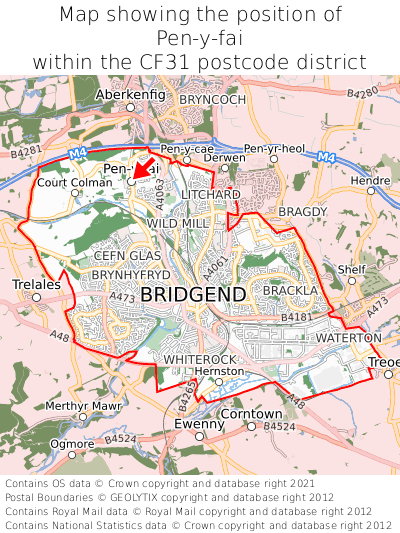 Map showing location of Pen-y-fai within CF31