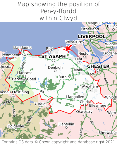 Map showing location of Pen-y-ffordd within Clwyd
