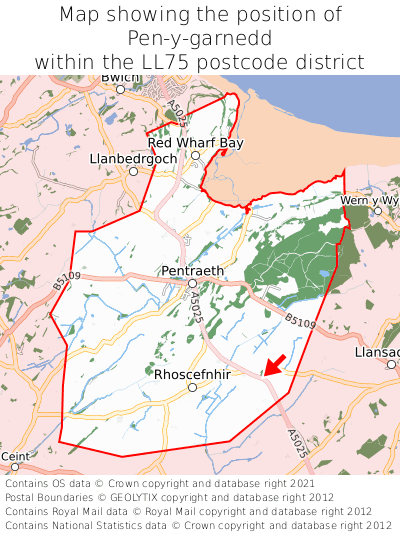 Map showing location of Pen-y-garnedd within LL75