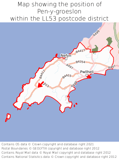 Map showing location of Pen-y-groeslon within LL53