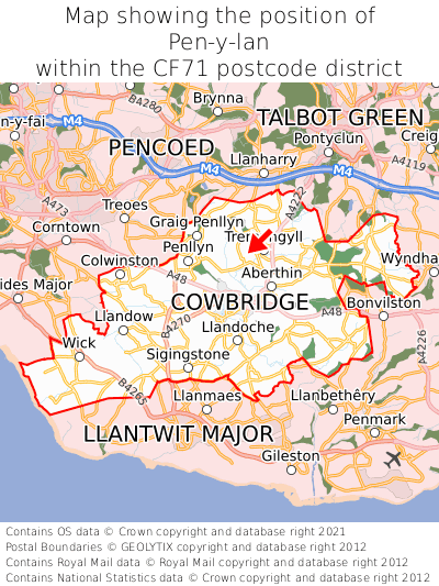 Map showing location of Pen-y-lan within CF71