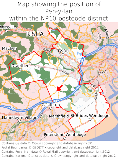 Map showing location of Pen-y-lan within NP10