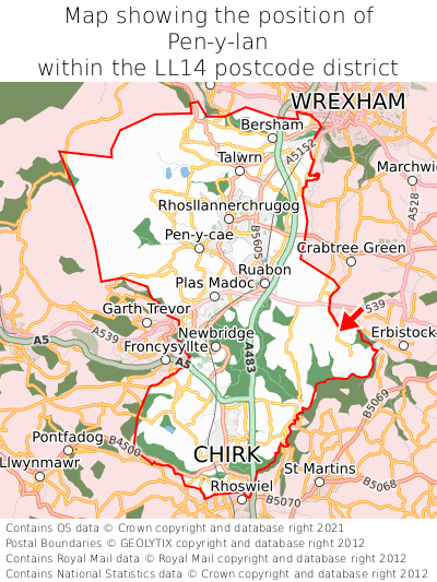 Map showing location of Pen-y-lan within LL14