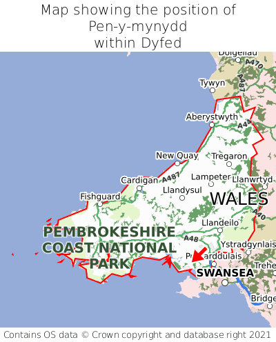 Map showing location of Pen-y-mynydd within Dyfed