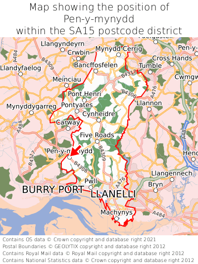 Map showing location of Pen-y-mynydd within SA15