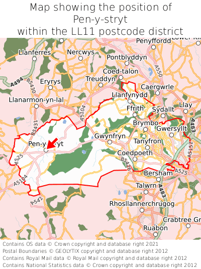 Map showing location of Pen-y-stryt within LL11