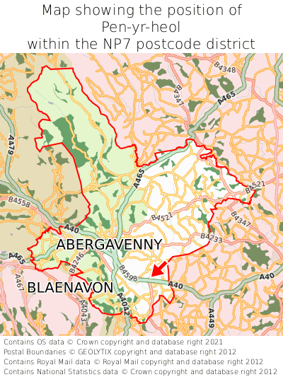 Map showing location of Pen-yr-heol within NP7
