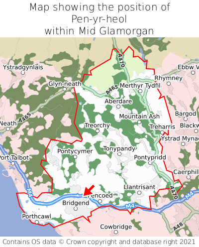 Map showing location of Pen-yr-heol within Mid Glamorgan