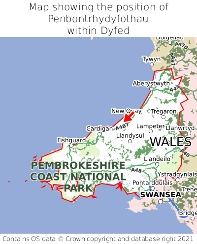 Map showing location of Penbontrhydyfothau within Dyfed