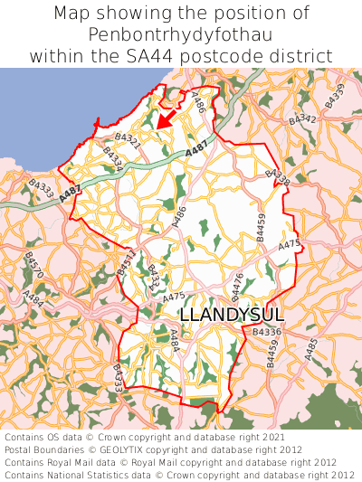 Map showing location of Penbontrhydyfothau within SA44