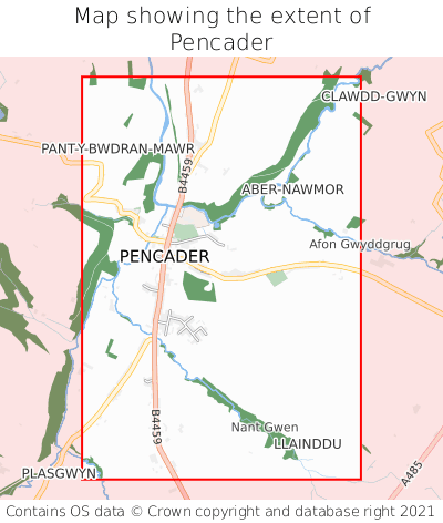 Map showing extent of Pencader as bounding box
