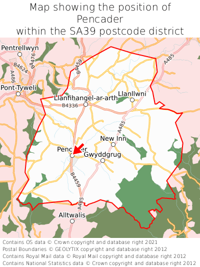 Map showing location of Pencader within SA39
