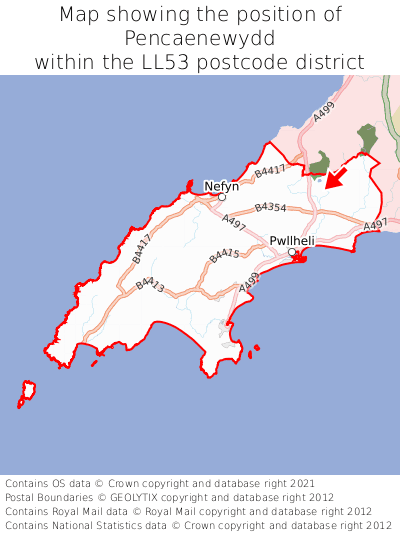 Map showing location of Pencaenewydd within LL53