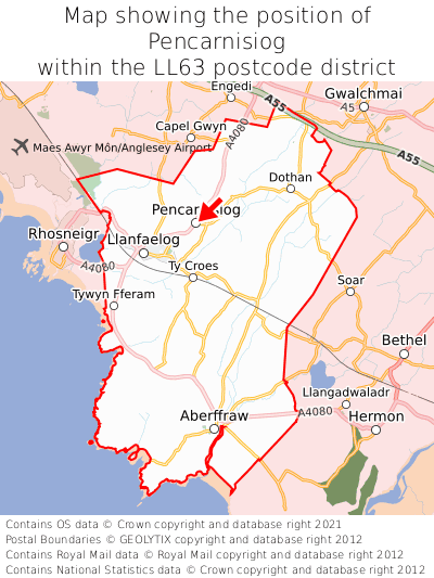 Map showing location of Pencarnisiog within LL63