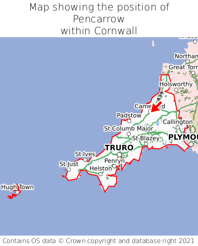 Map showing location of Pencarrow within Cornwall