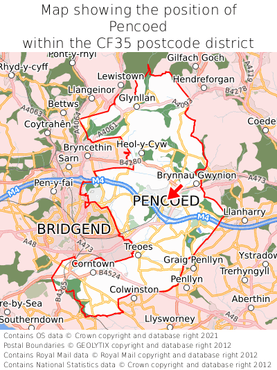 Map showing location of Pencoed within CF35