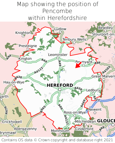 Map showing location of Pencombe within Herefordshire